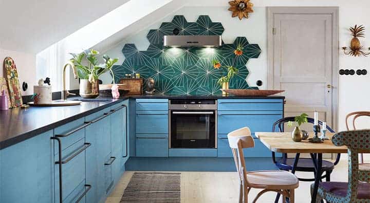 minimalist kitchen design featuring blue cabinets