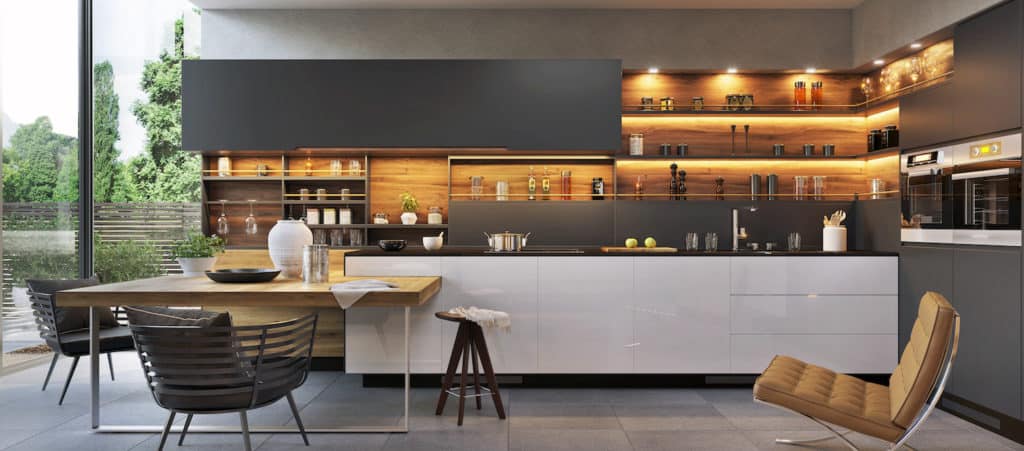 beautiful large kitchen with dark grey cabinets