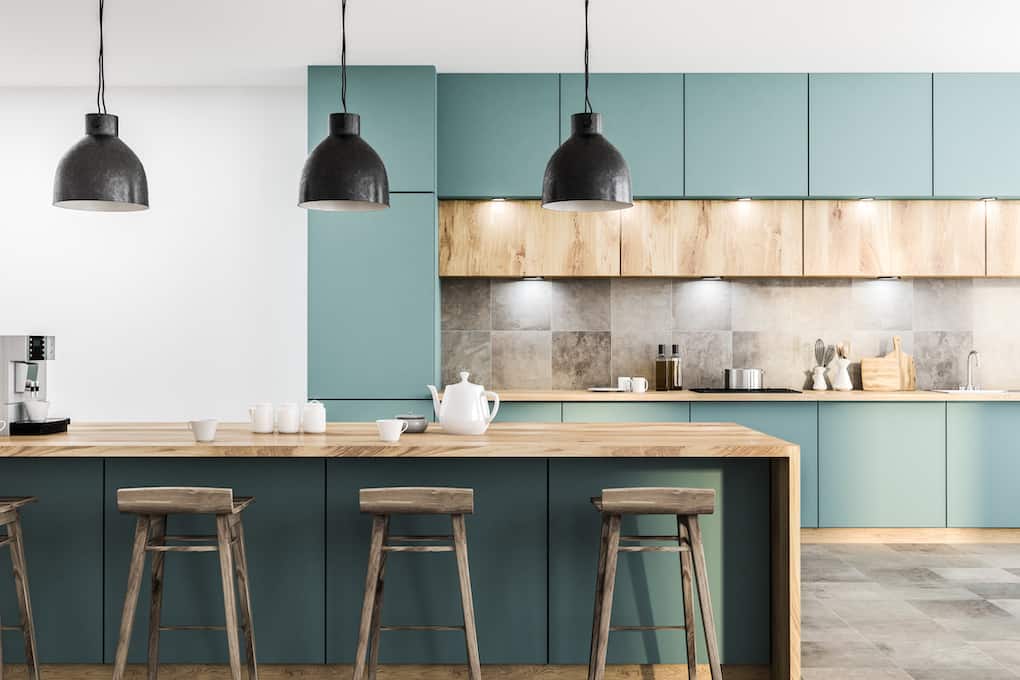 blue and light wood two tone color combinations for kitchen